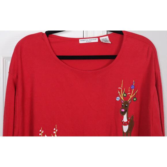 Vintage Y2K Red Christmas Sweater Top Cotton Embroidered Reindeer Plus 2X Retro - Picture 2 of 8